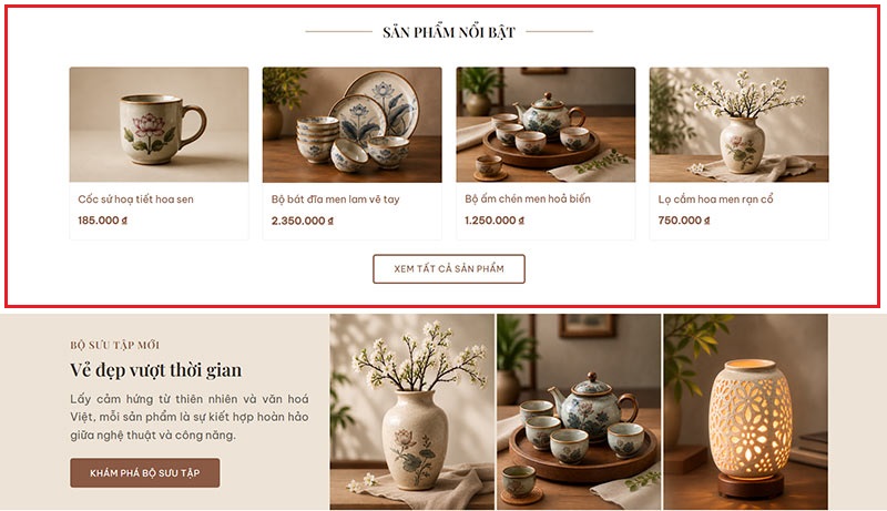 Khu vực Sản Phẩm Nổi Bật trên trang chủ của mẫu website bán gốm sứ Hà Thu