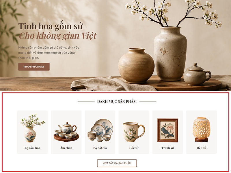 Khu vực Danh mục sản phẩm trên trang chủ của mẫu website bán gốm sứ Hà Thu