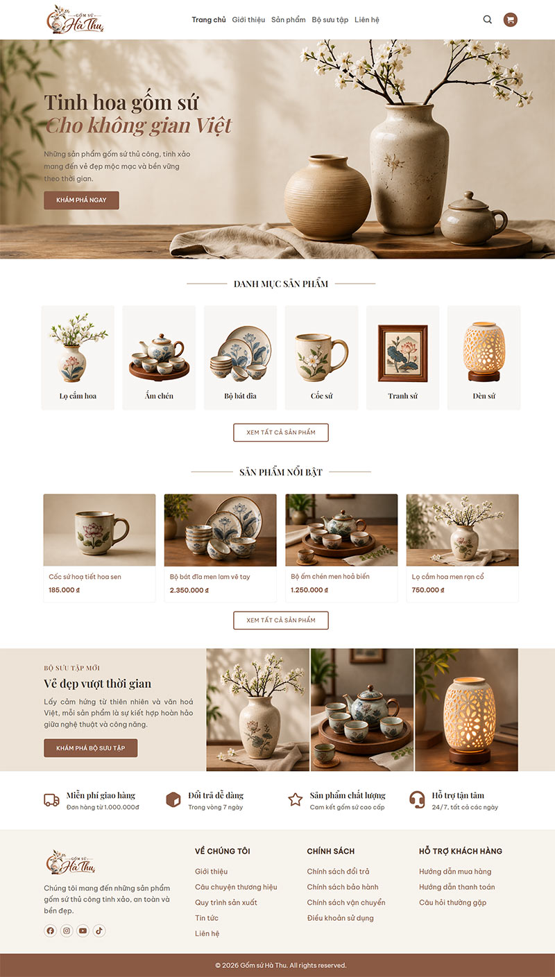 Giao diện trang chủ mẫu website bán gốm sứ Hà Thu