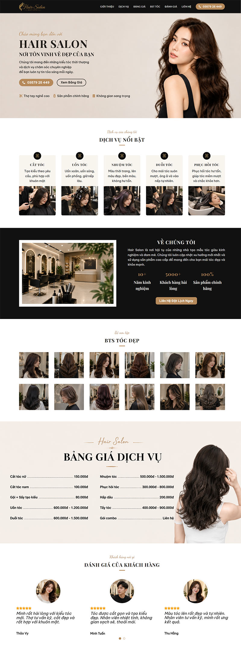 Giao diện một phần trang chủ của mẫu website salon tóc Hair Salon